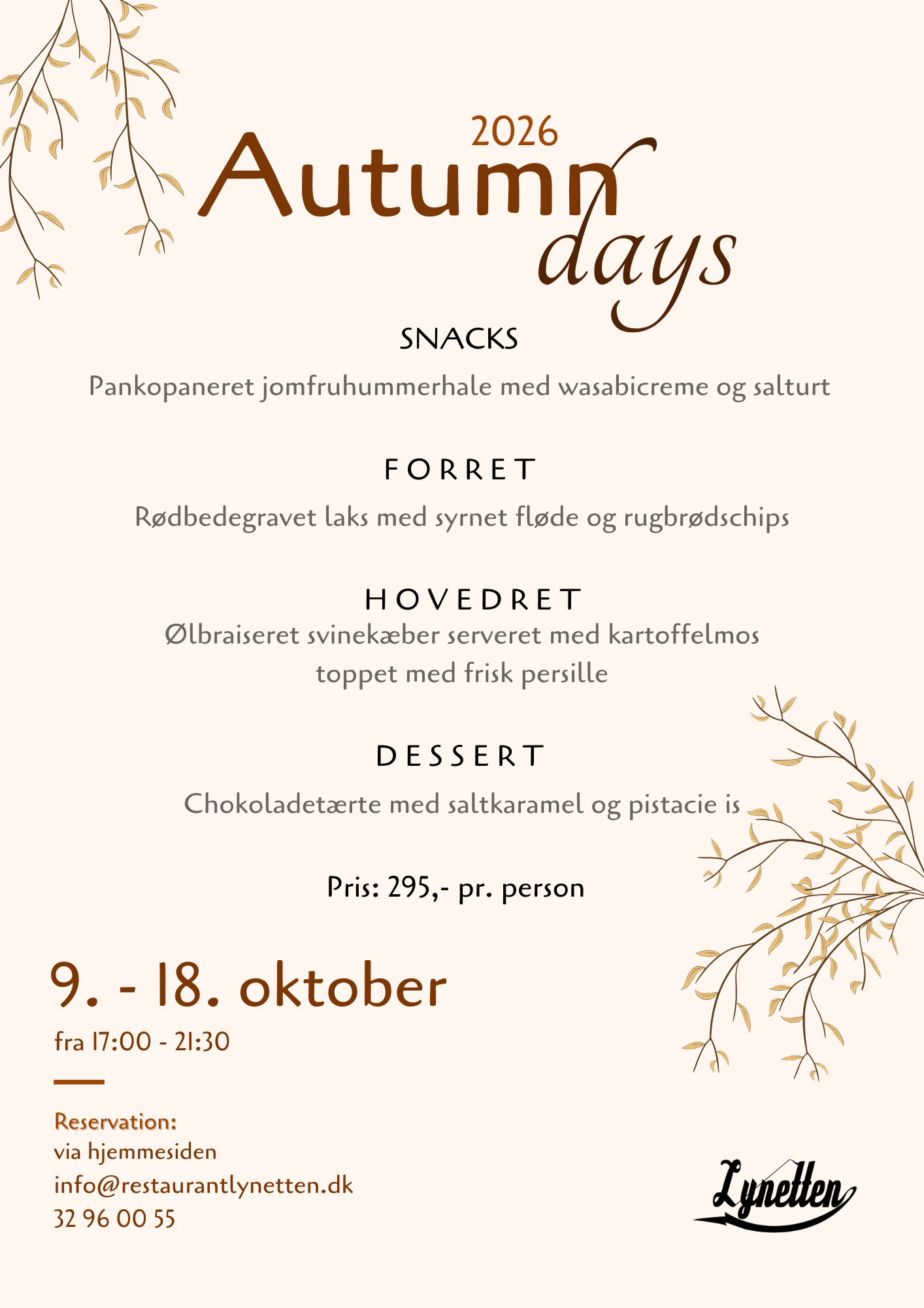 Autumn Days 2026 flyer — Restaurant Lynetten, 4-retters efterårsmenu 9.–18. oktober kl. 17:00–21:30
