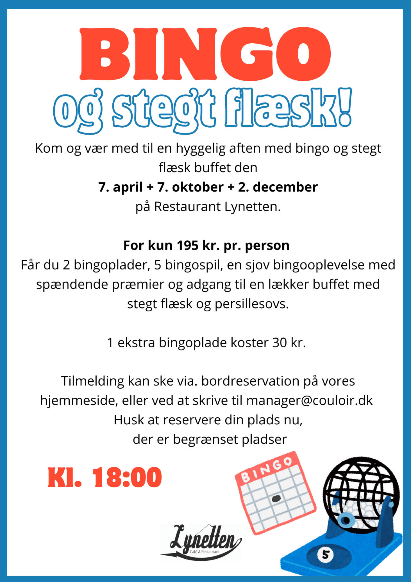 Bingo og stegt flæsk – flyer, Restaurant Lynetten, 7. oktober og 2. december 2026 kl. 18:00