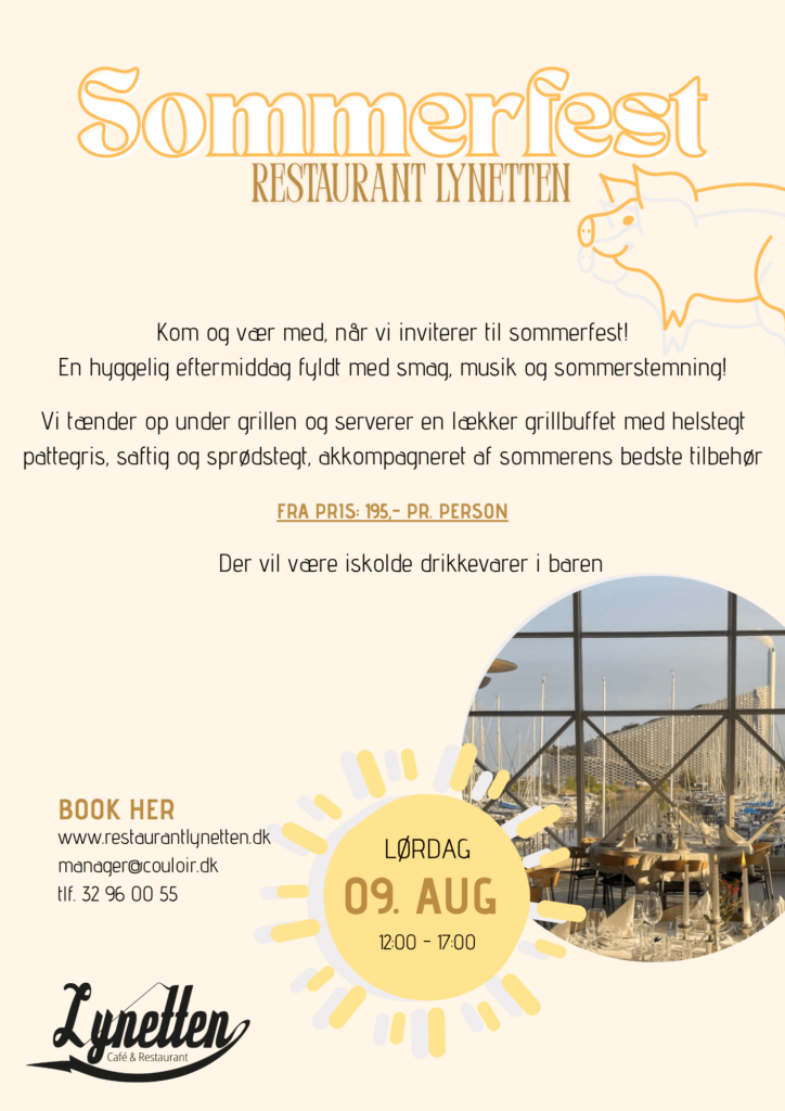 Plakat for "Sommerfest" på Restaurant Lynetten med tekst om begivenheden, en illustration af en gris, en solgrafik med datoen (09. august, 12:00-17:00) og et foto af udendørs spiseborde ved vandet.