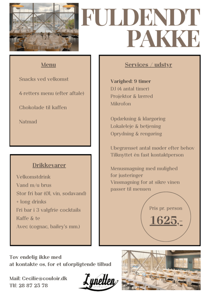 En plakat for en pakkeløsning med menupunkter som snacks, fire-retters måltid, kaffe og drikkevarer, med tjenester som DJ og fotograf. Prisen er angivet til 1625,-. Kontaktoplysninger findes nederst.