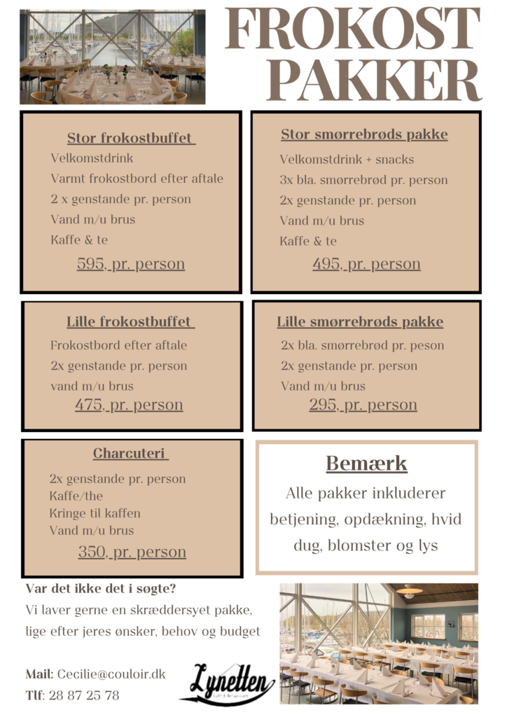 En menu med titlen Frokost Pakker byder på forskellige frokostpakker, herunder buffet og smørrebrød. Priserne ligger fra 350 til 495 DKK pr. Den nederste sektion viser kontaktoplysninger og et lille billede af en spiseplads.