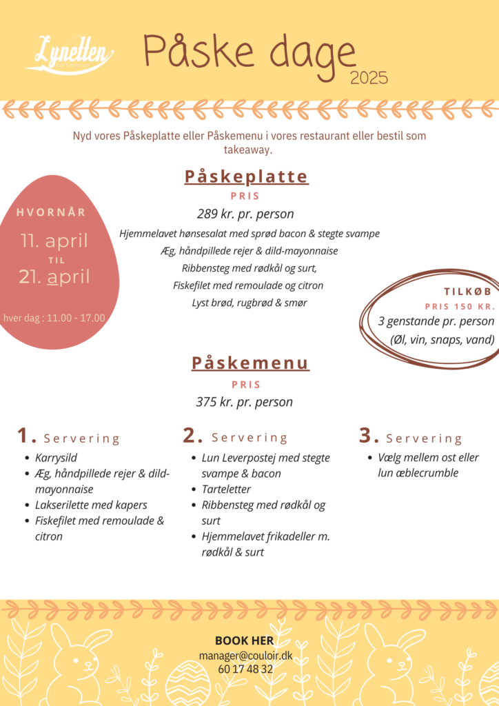 En påskemenuannonce med blomstermotiver. Den indeholder detaljer om en "Påskeplatte" og "Påskemenu" fra den 11. til den 21. april 2025. Kontakt- og reservationsoplysninger findes nederst.