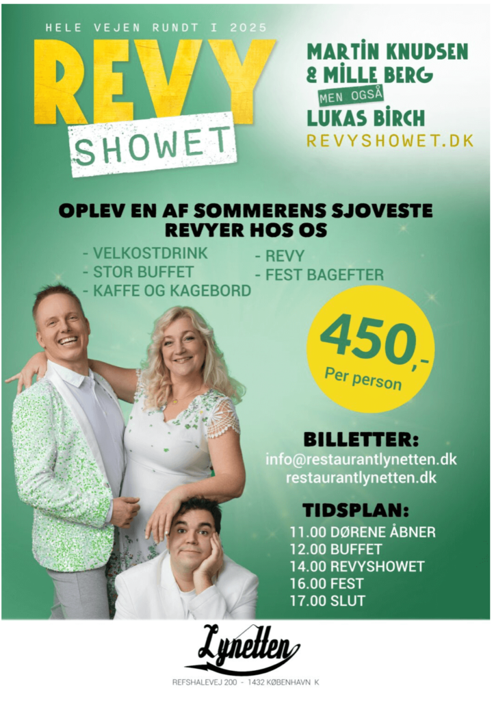 Plakat for "Revy Showet" med Martin Knudsen, Mille Berg og Lukas Birch. Den viser billetinfo, buffet, showtider og fremhæver en gul cirkel, hvor der står "450,- pr. person". De tre kunstnere smiler i bunden.