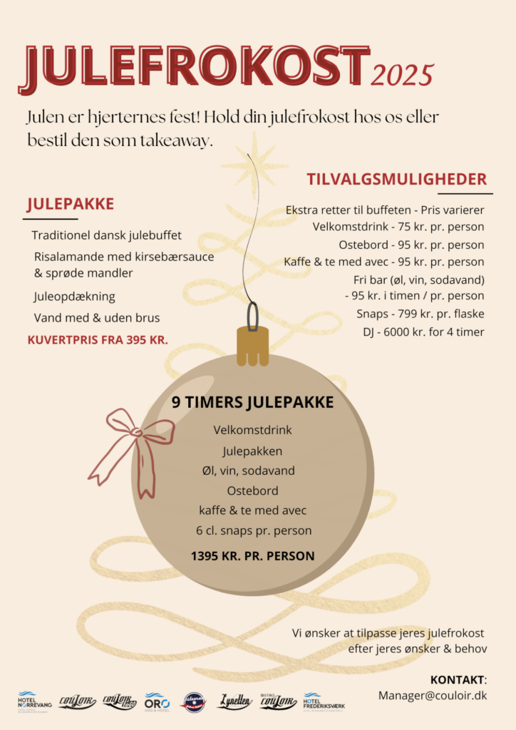 Invitation til julefrokost 2025. Menu med julepakke, buffet, snacks, snaps og dessert. Tilpassede pakker og kontaktinformation. Farverig julepynt og snor i midten af designet.